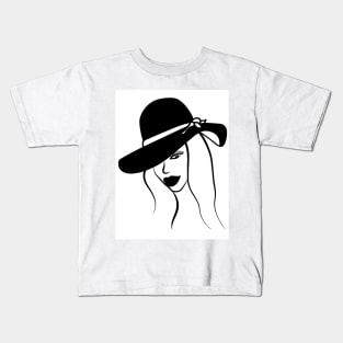 Black and white illustration of woman in hat Kids T-Shirt